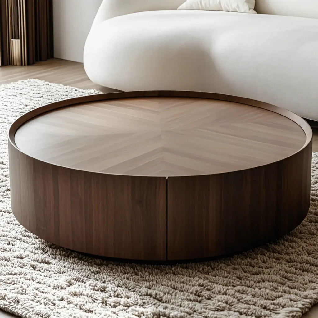 Table basse ronde élégante en bois marron avec rangement