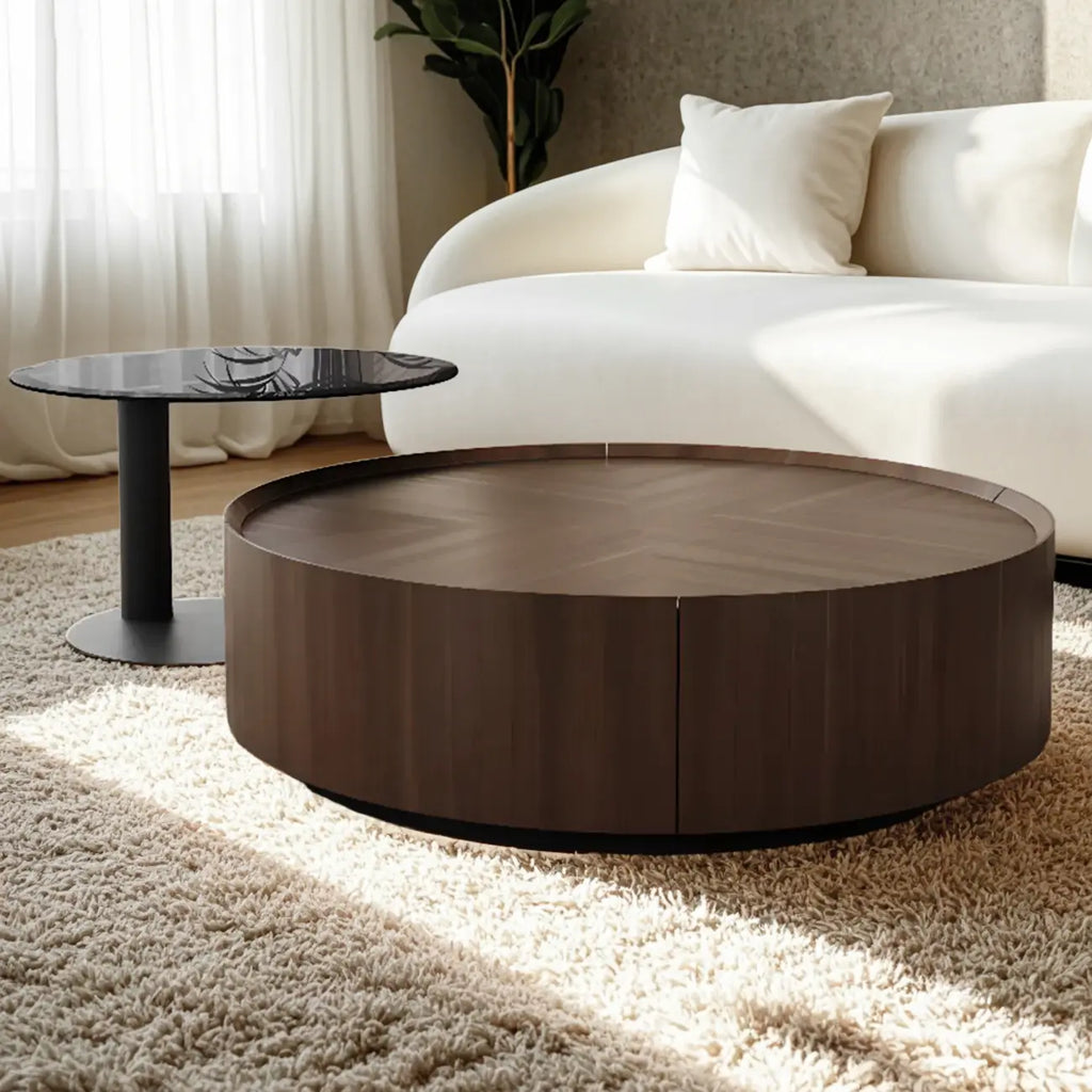 Table basse ronde élégante en bois marron avec rangement