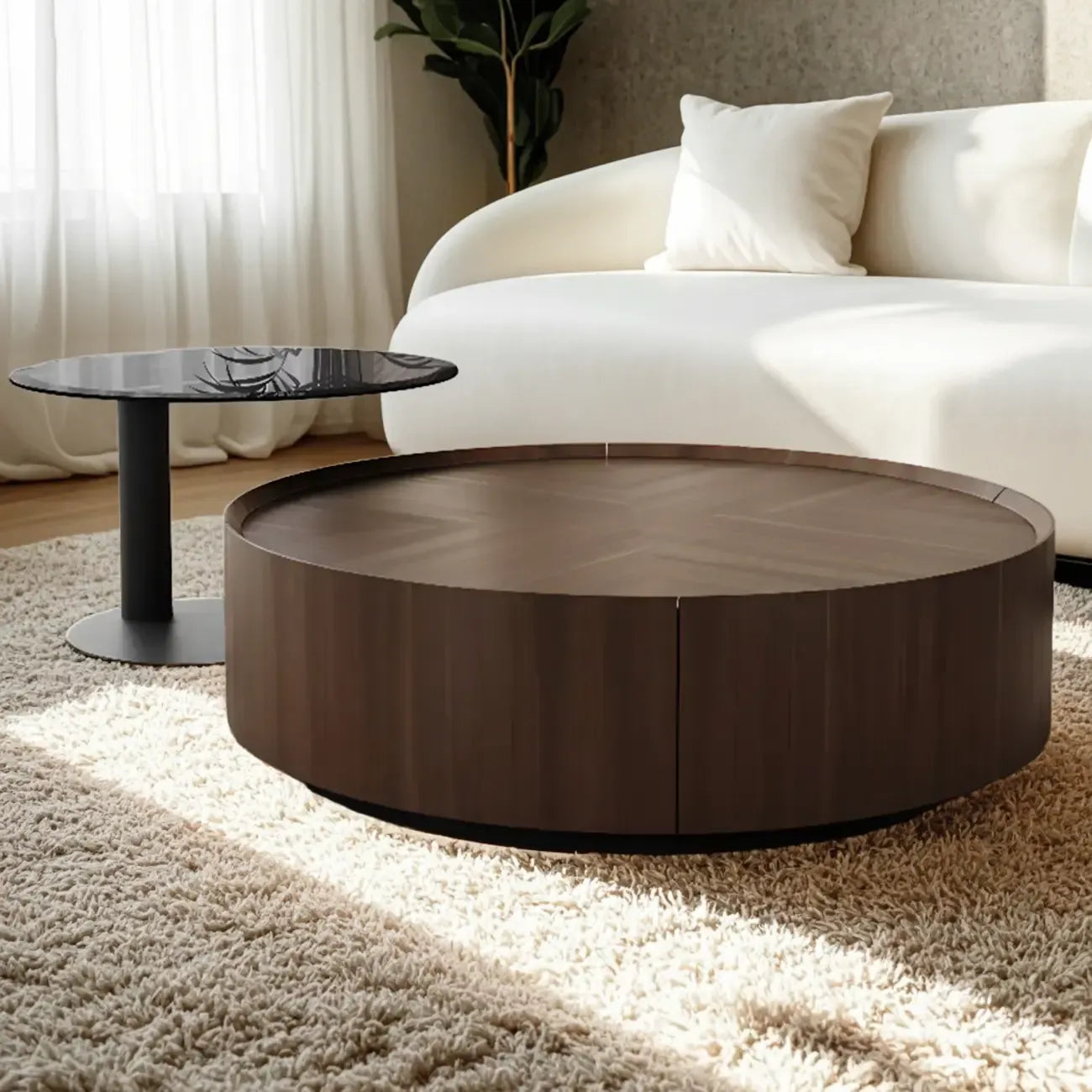 Table basse ronde élégante en bois marron avec rangement