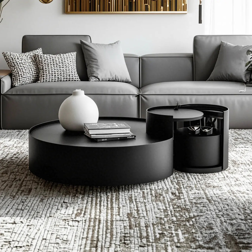 Table basse gigogne ronde moderne en bois noir avec rangement