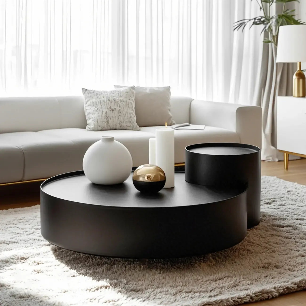 Table basse gigogne ronde moderne en bois noir avec rangement
