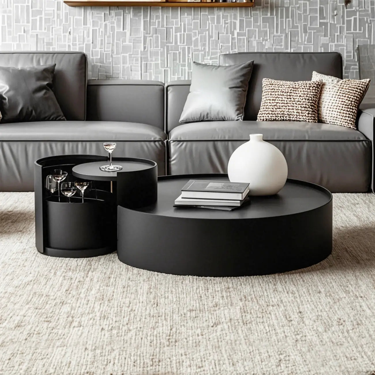Table basse gigogne ronde moderne en bois noir avec rangement