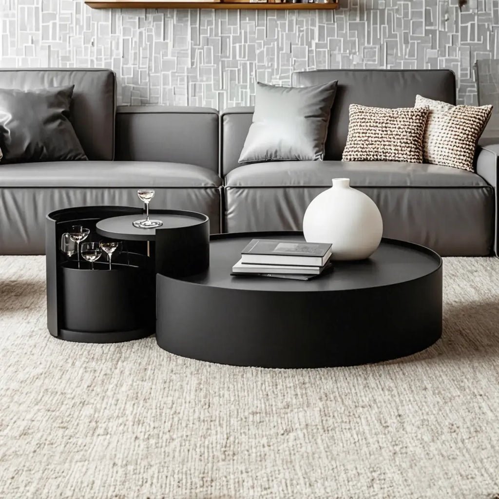 Table basse gigogne ronde moderne en bois noir avec rangement