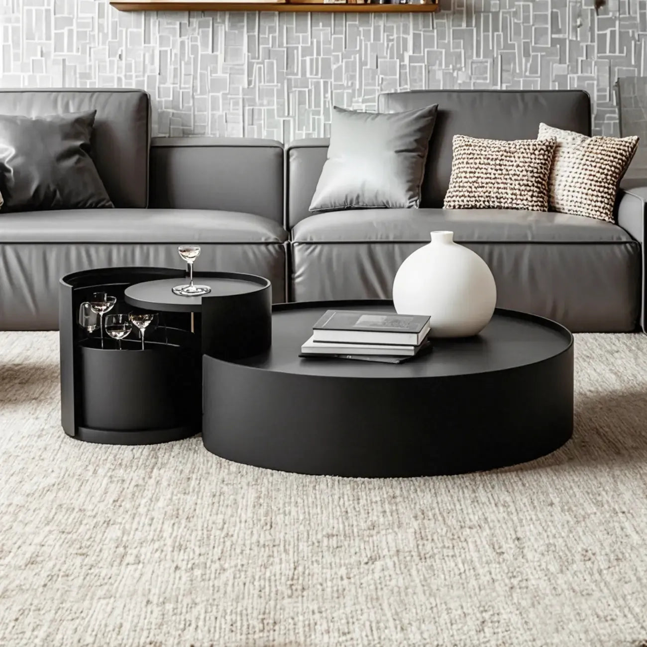 Table basse gigogne ronde moderne en bois noir avec rangement