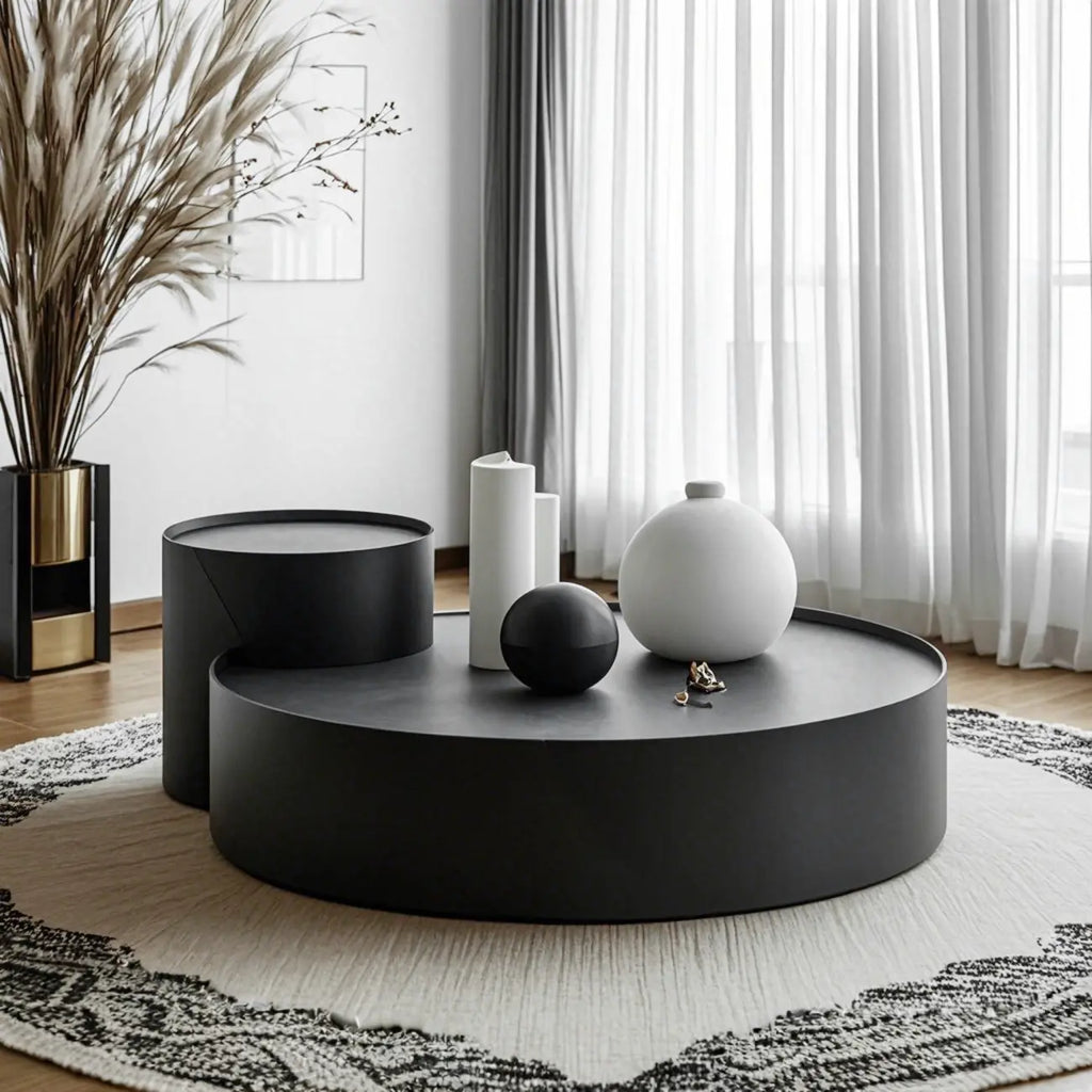 Table basse gigogne ronde moderne en bois noir avec rangement