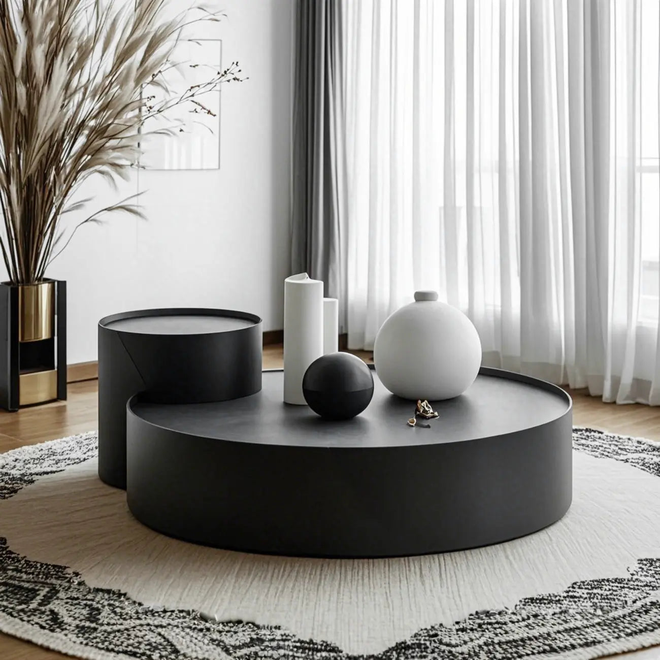 Table basse gigogne ronde moderne en bois noir avec rangement