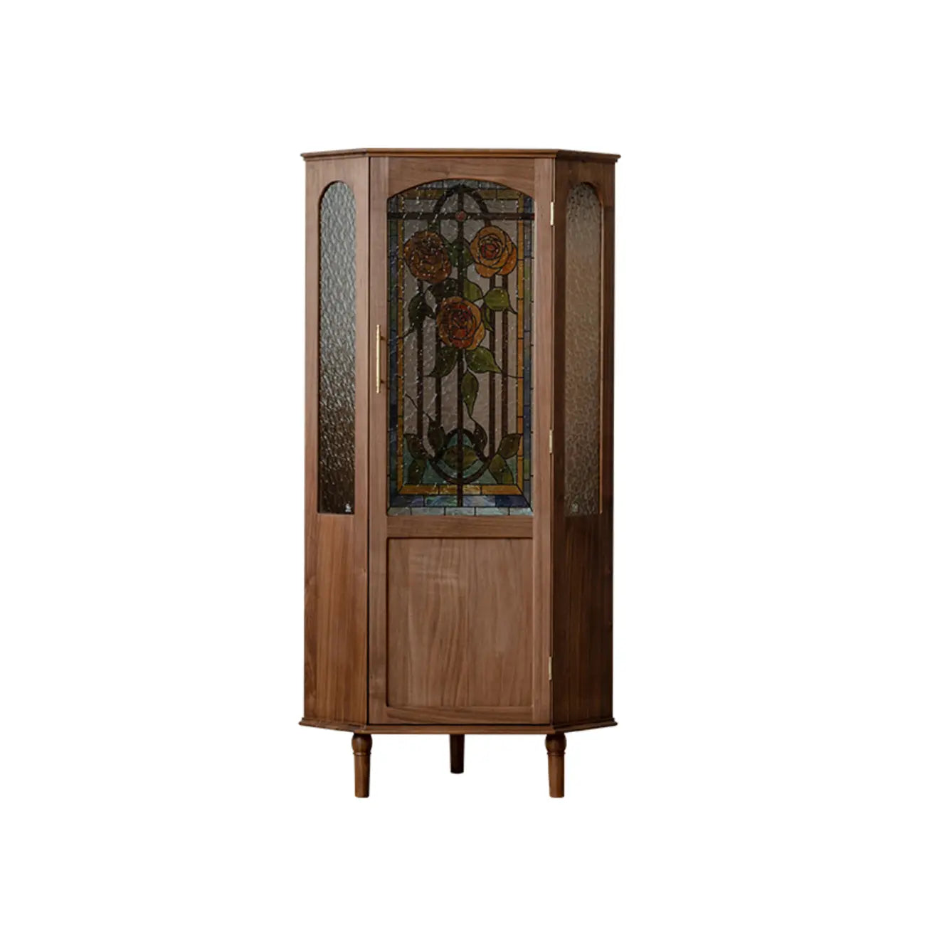 Éclairage inclus. Élégant meuble d'angle en noyer avec panneau en verre rose.