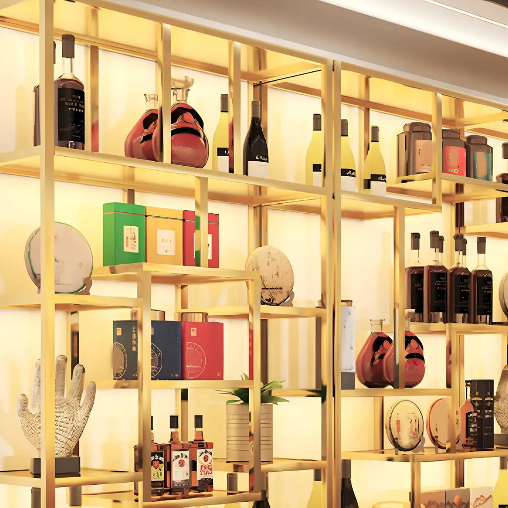 Étagère à vin haute et élégante en métal doré, autoportante