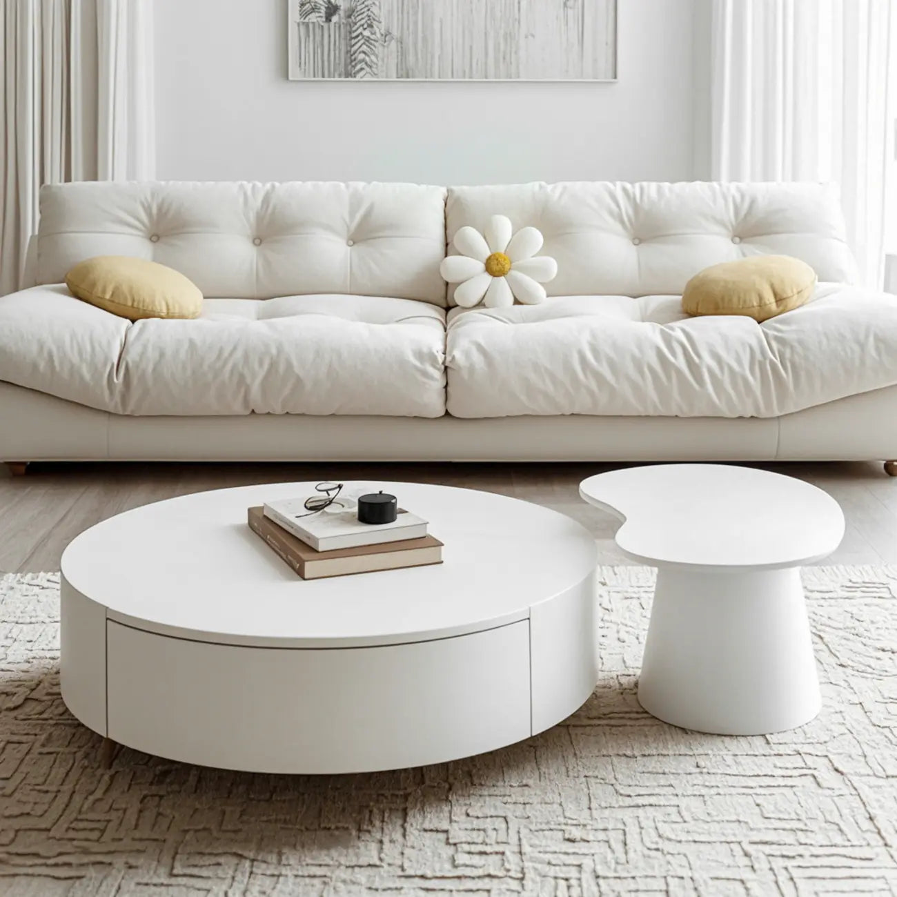 Table basse ronde moderne en bois blanc avec rangement