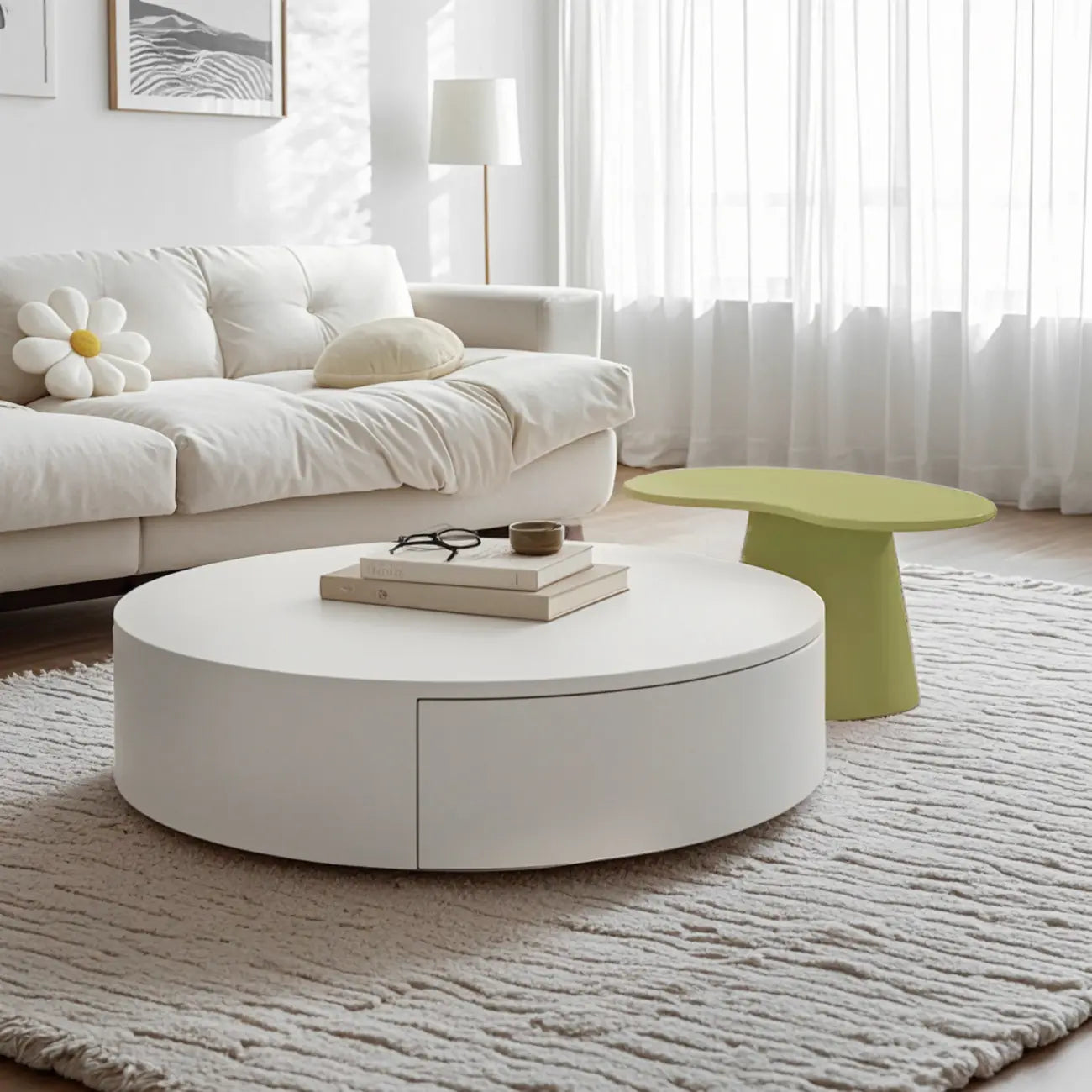 Table basse ronde moderne en bois blanc avec rangement