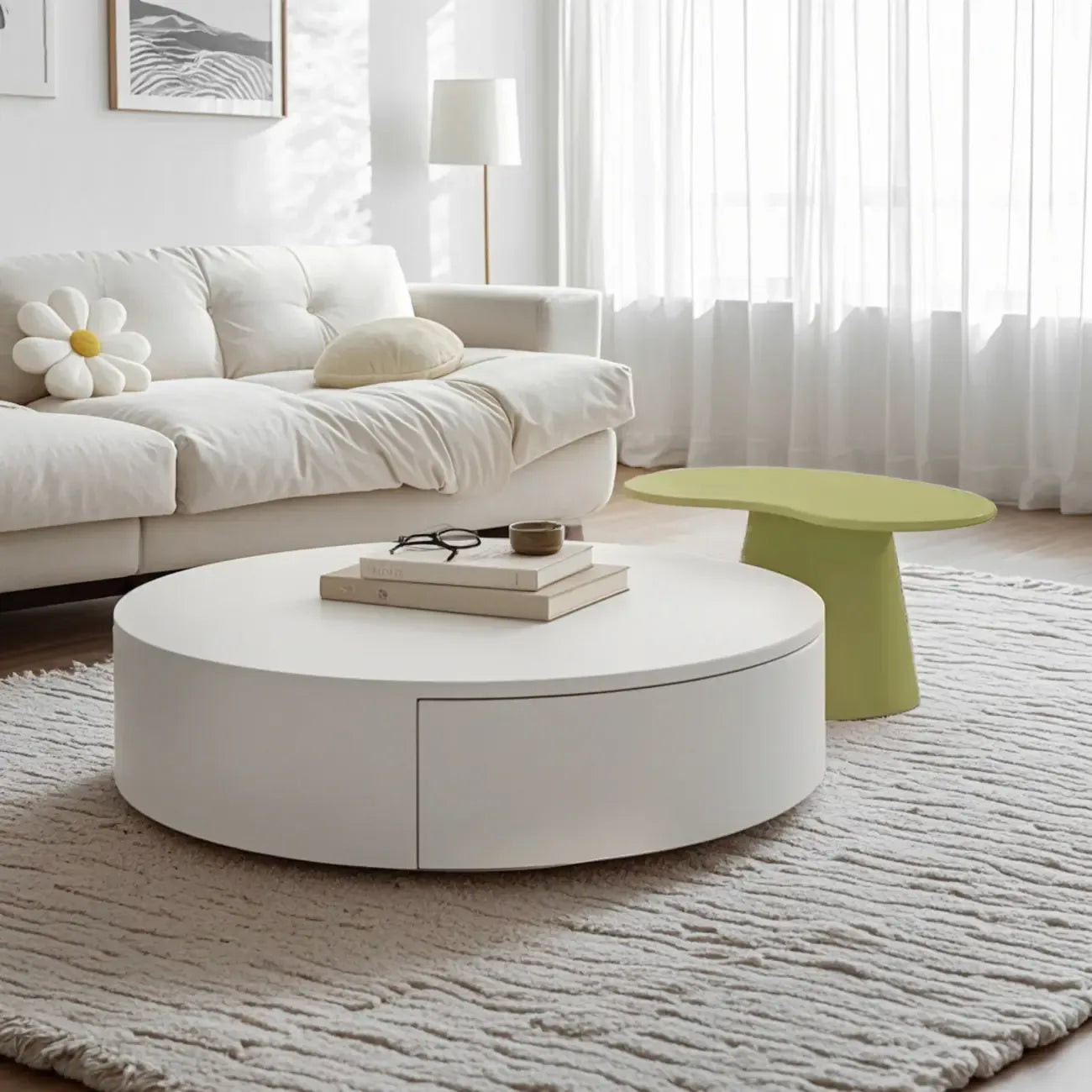 Table basse ronde moderne en bois blanc avec rangement