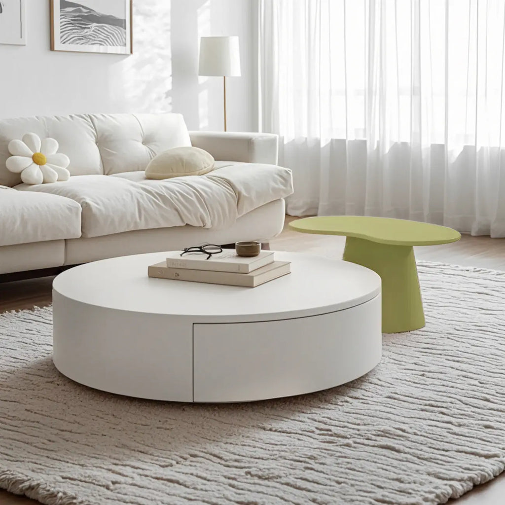 Table basse ronde moderne en bois blanc avec rangement