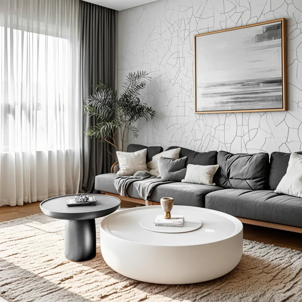 Table basse ronde élégante en bois avec plateau blanc et tiroir