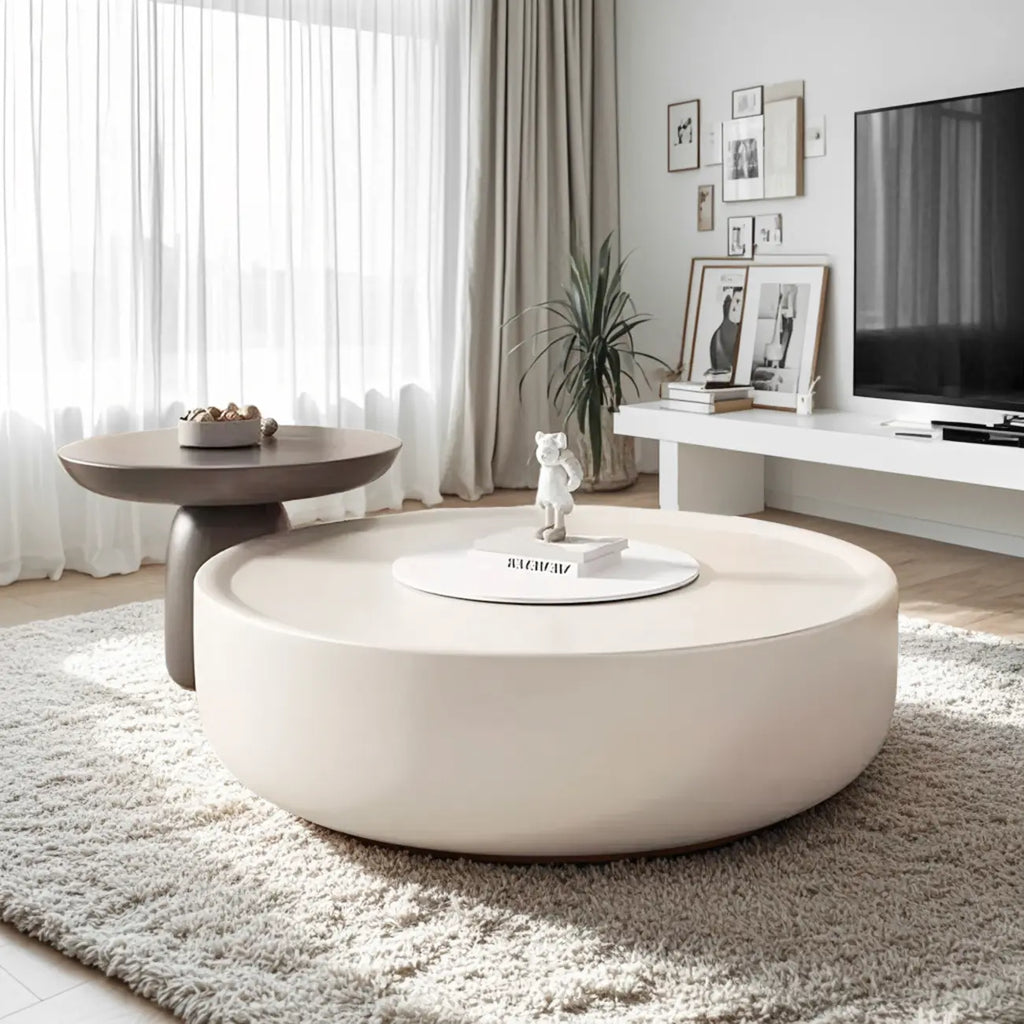 Table basse ronde élégante en bois avec plateau blanc et tiroir