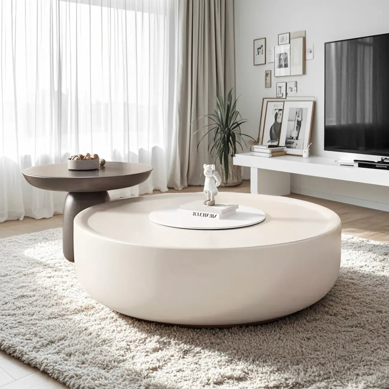 Table basse ronde élégante en bois avec plateau blanc et tiroir