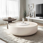 Table basse ronde élégante en bois avec plateau blanc et tiroir