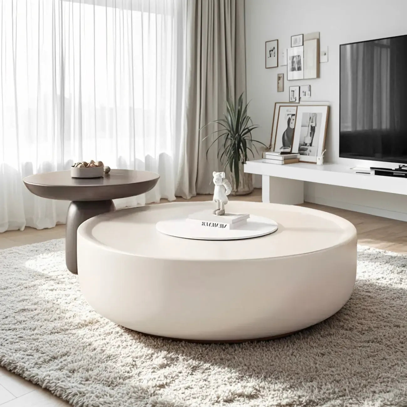 Table basse ronde élégante en bois avec plateau blanc et tiroir