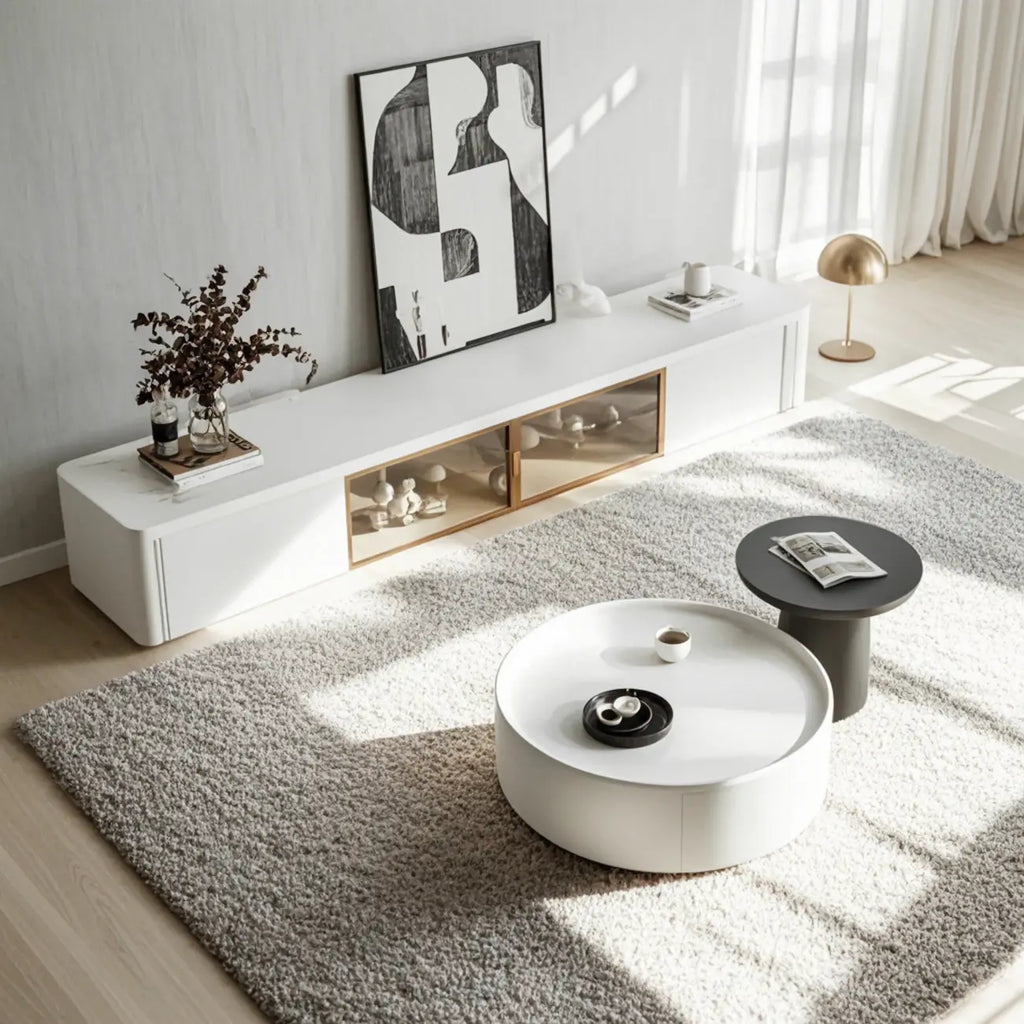 Table basse ronde élégante en bois avec plateau blanc et tiroir