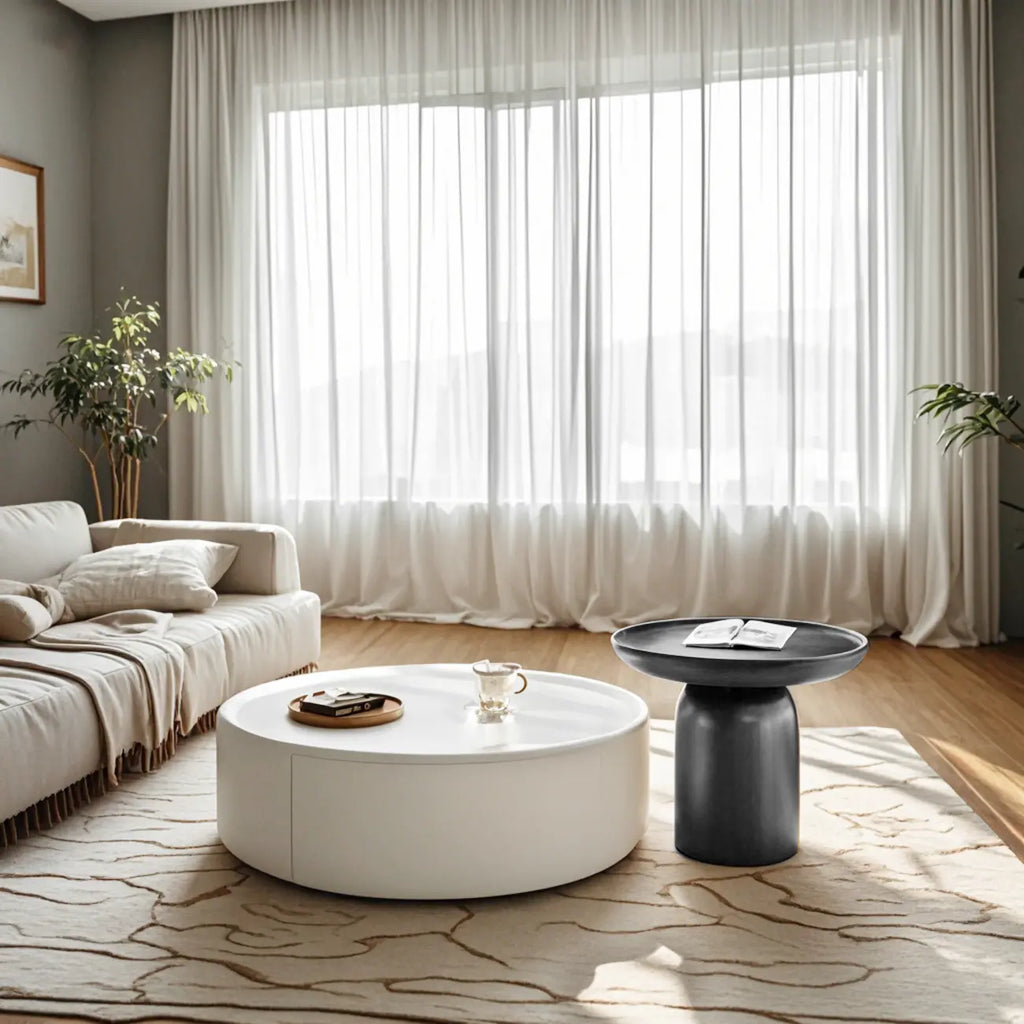 Table basse ronde élégante en bois avec plateau blanc et tiroir