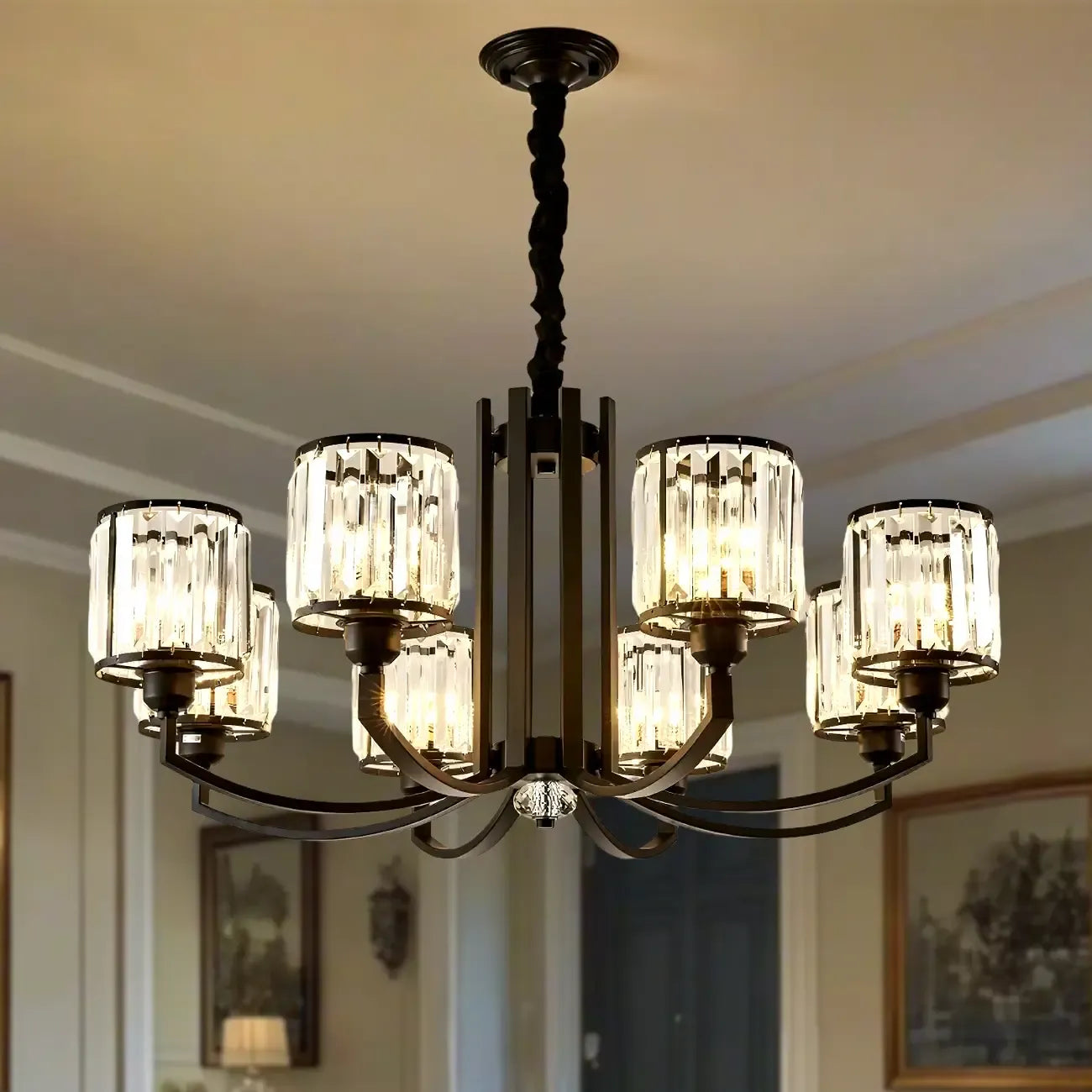 Lustre moderne en forme de cylindre de roue en métal noir et cristal pour salon ou hall d'entrée