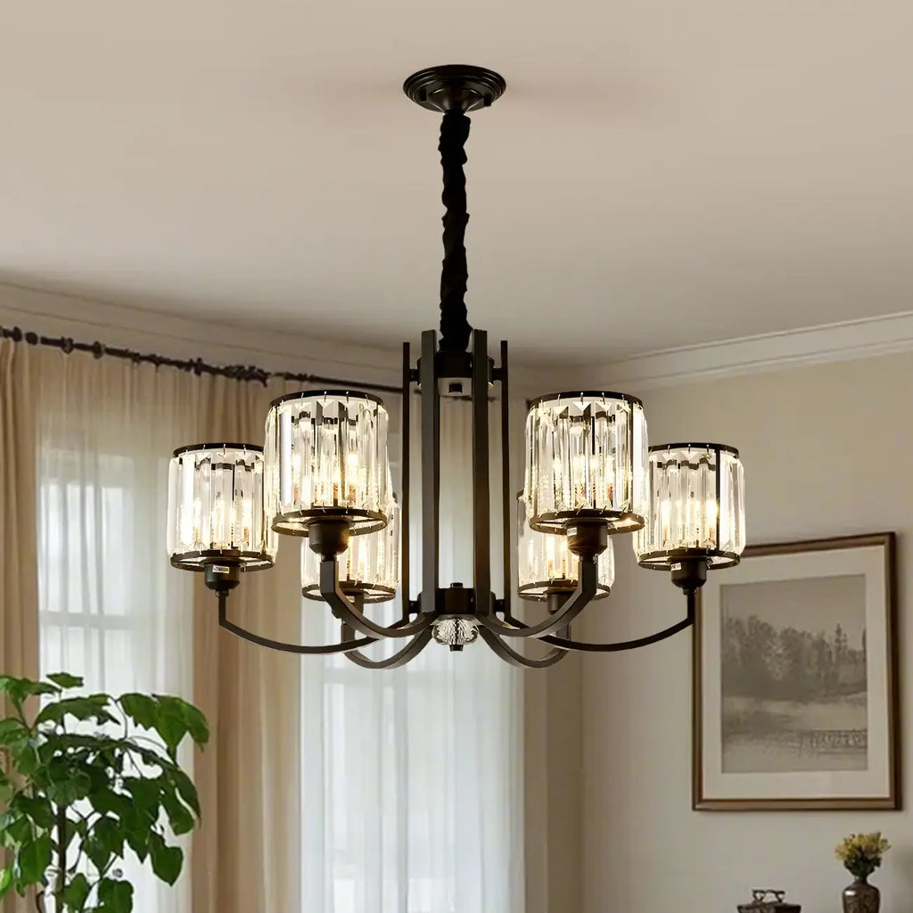 Lustre moderne en forme de cylindre de roue en métal noir et cristal pour salon ou hall d'entrée