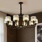 Lustre moderne en forme de cylindre de roue en métal noir et cristal pour salon ou hall d'entrée