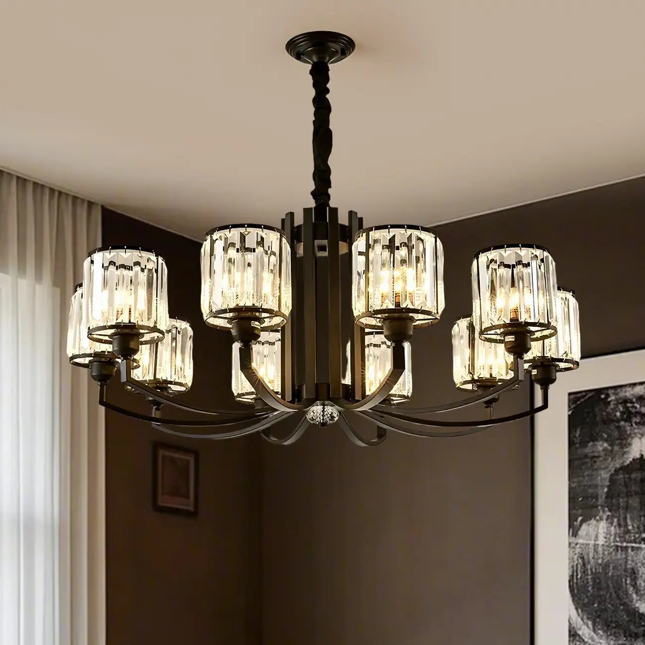 Lustre moderne en forme de cylindre de roue en métal noir et cristal pour salon ou hall d'entrée