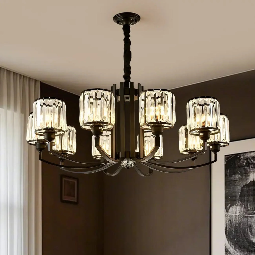 Lustre moderne en forme de cylindre de roue en métal noir et cristal pour salon ou hall d'entrée