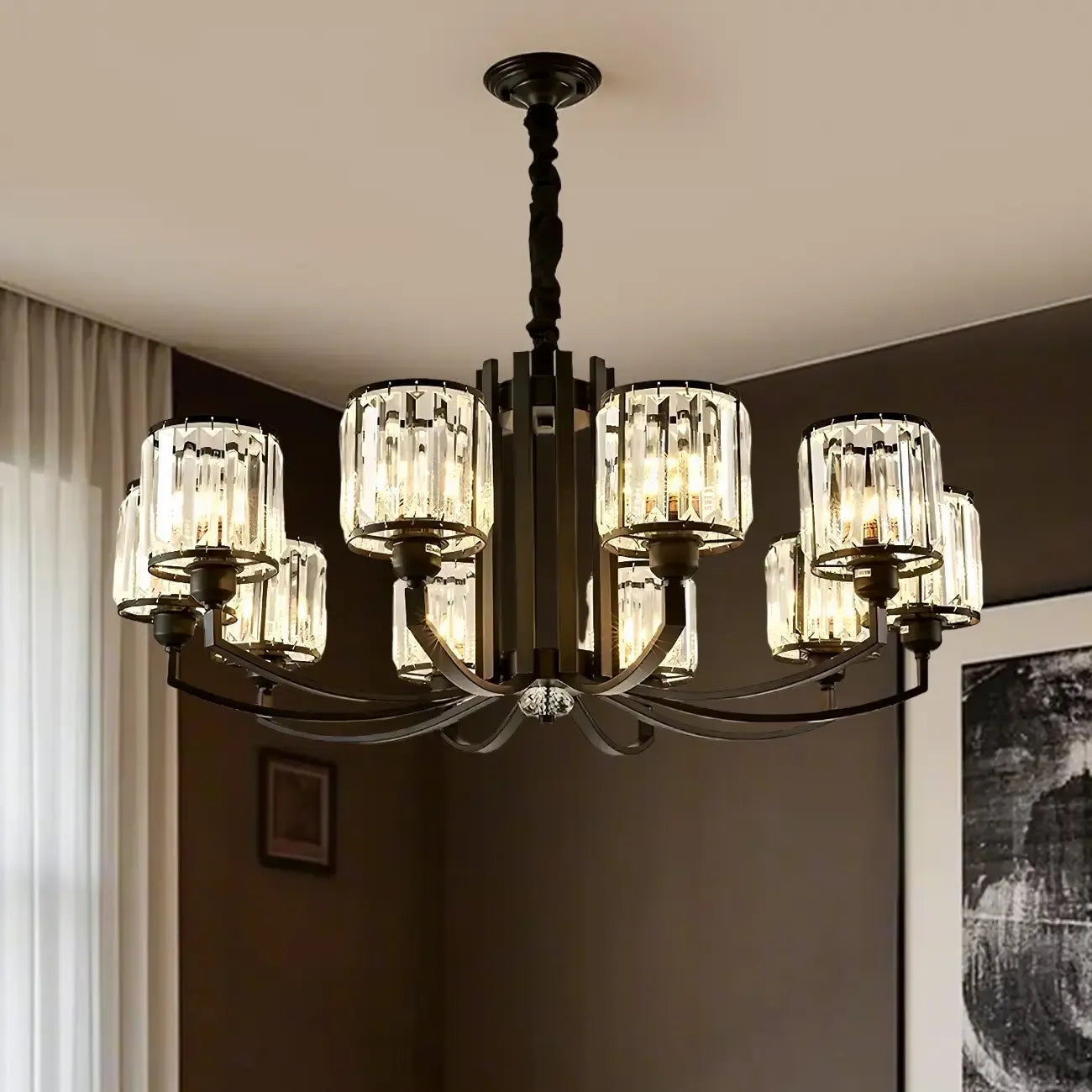 Lustre moderne en forme de cylindre de roue en métal noir et cristal pour salon ou hall d'entrée