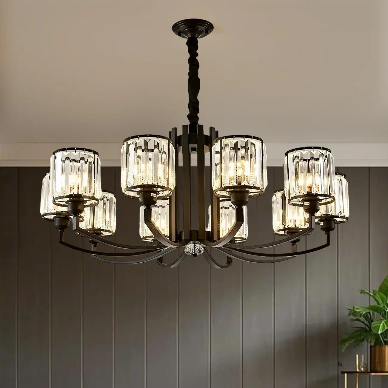 Lustre moderne en forme de cylindre de roue en métal noir et cristal pour salon ou hall d'entrée