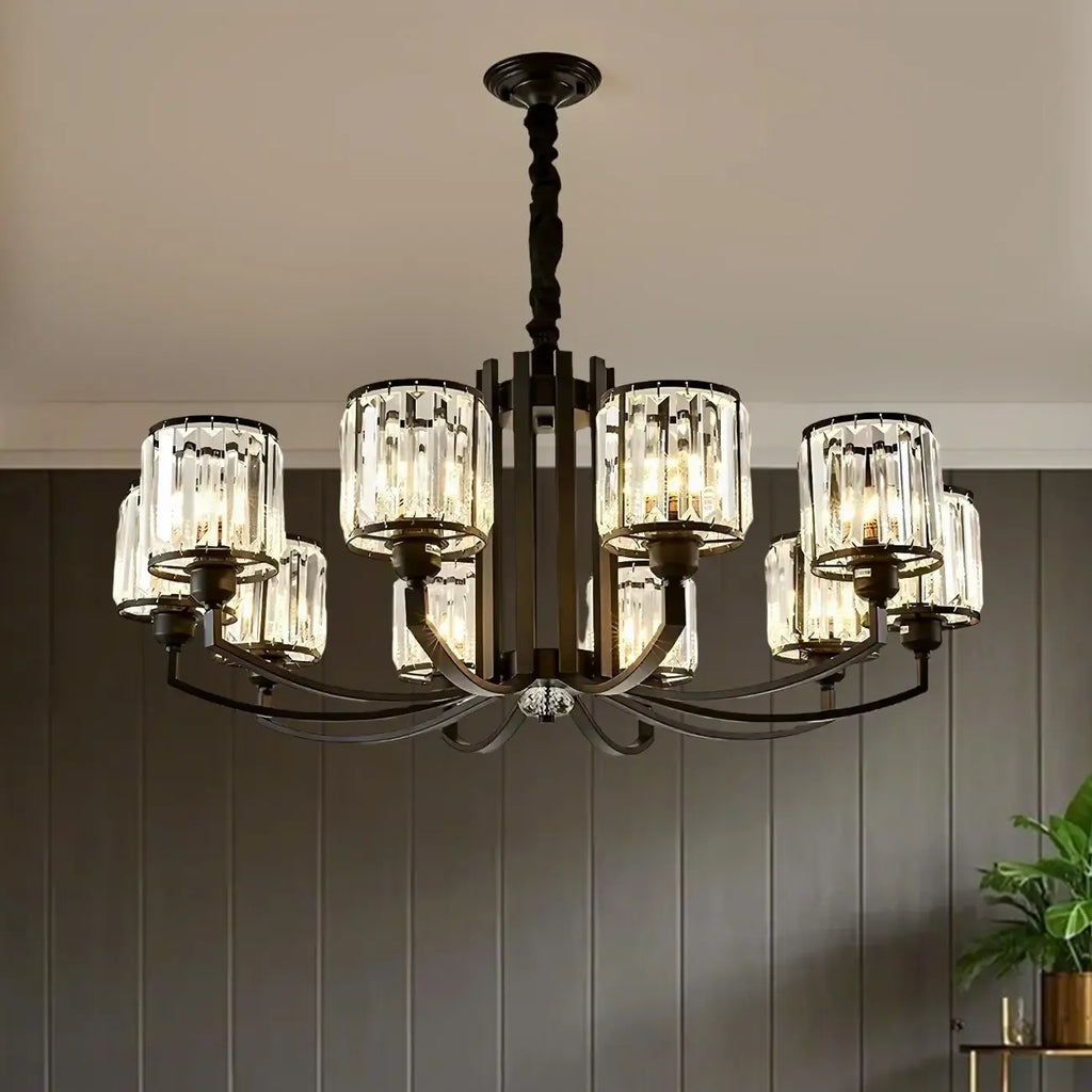Lustre moderne en forme de cylindre de roue en métal noir et cristal pour salon ou hall d'entrée