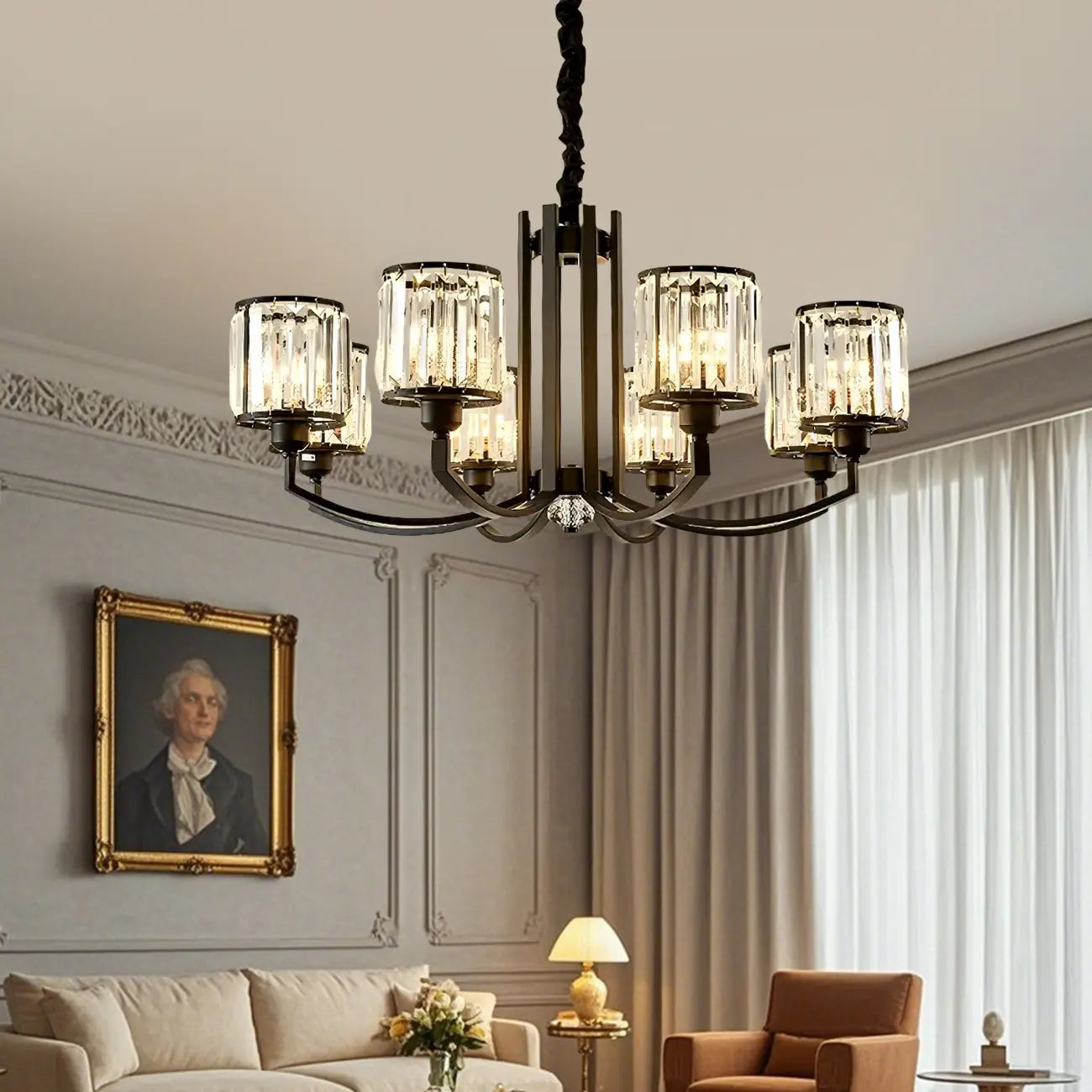 Lustre moderne en forme de cylindre de roue en métal noir et cristal pour salon ou hall d'entrée