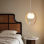 Suspension LED design en forme d'anneau en bois avec abat-jour en verre pour la décoration intérieure