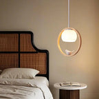 Suspension LED design en forme d'anneau en bois avec abat-jour en verre pour la décoration intérieure