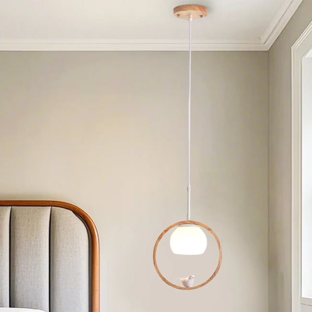 Suspension LED design en forme d'anneau en bois avec abat-jour en verre pour la décoration intérieure