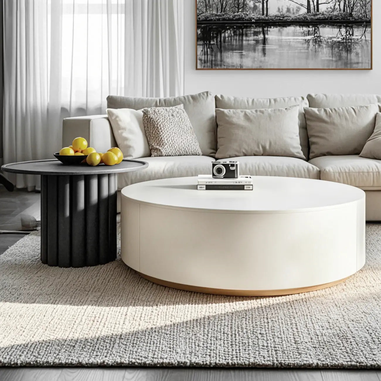 Table basse ronde en bois noir et blanc moderne et élégante avec tiroir
