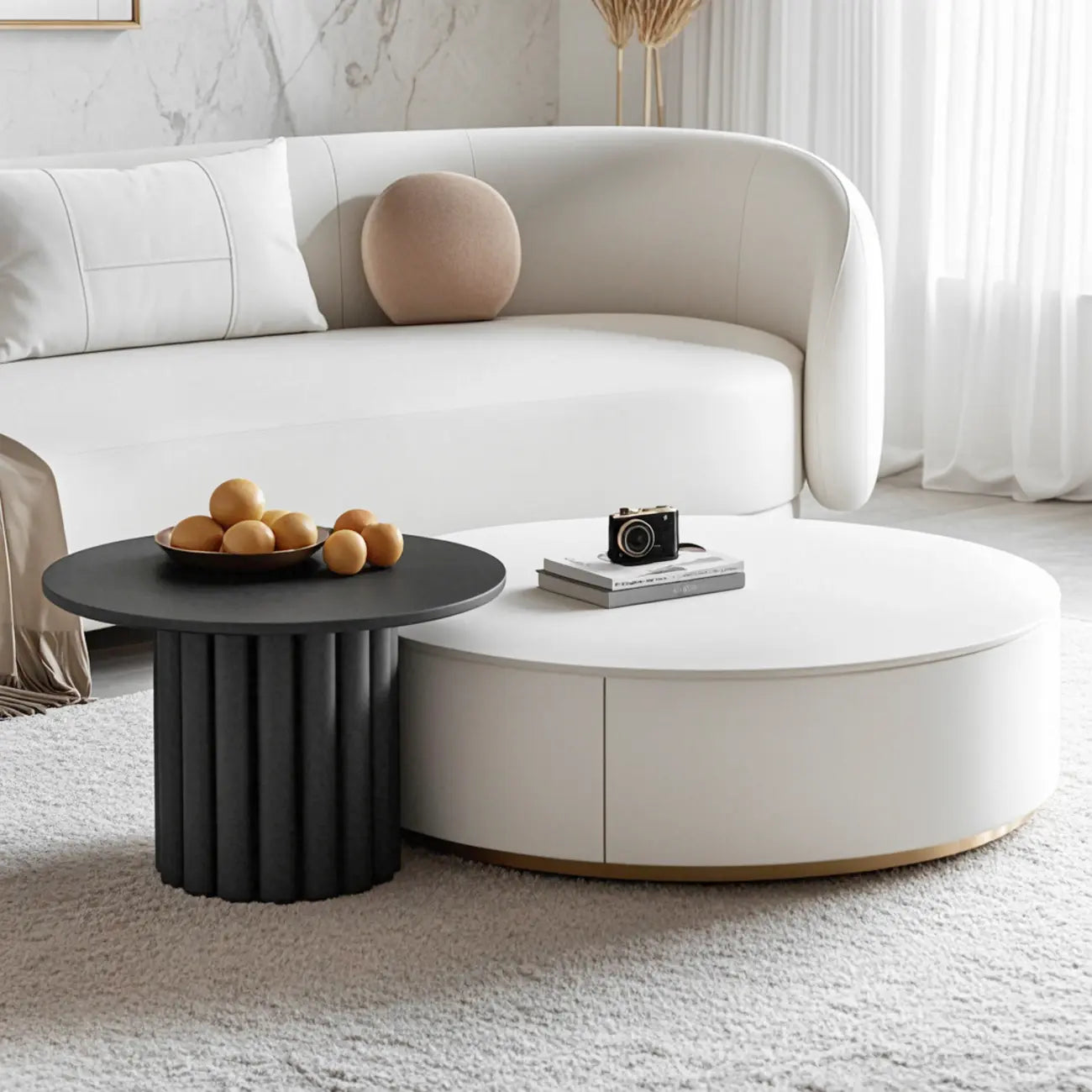 Table basse ronde en bois noir et blanc moderne et élégante avec tiroir