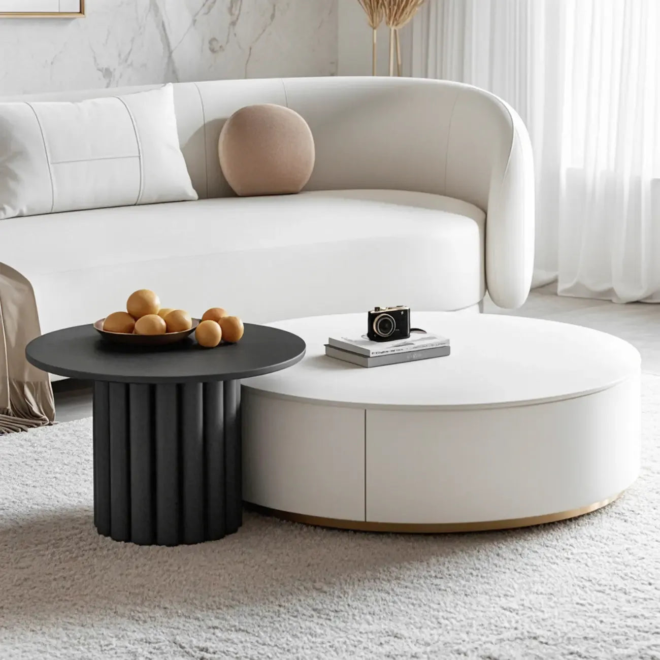 Table basse ronde en bois noir et blanc moderne et élégante avec tiroir