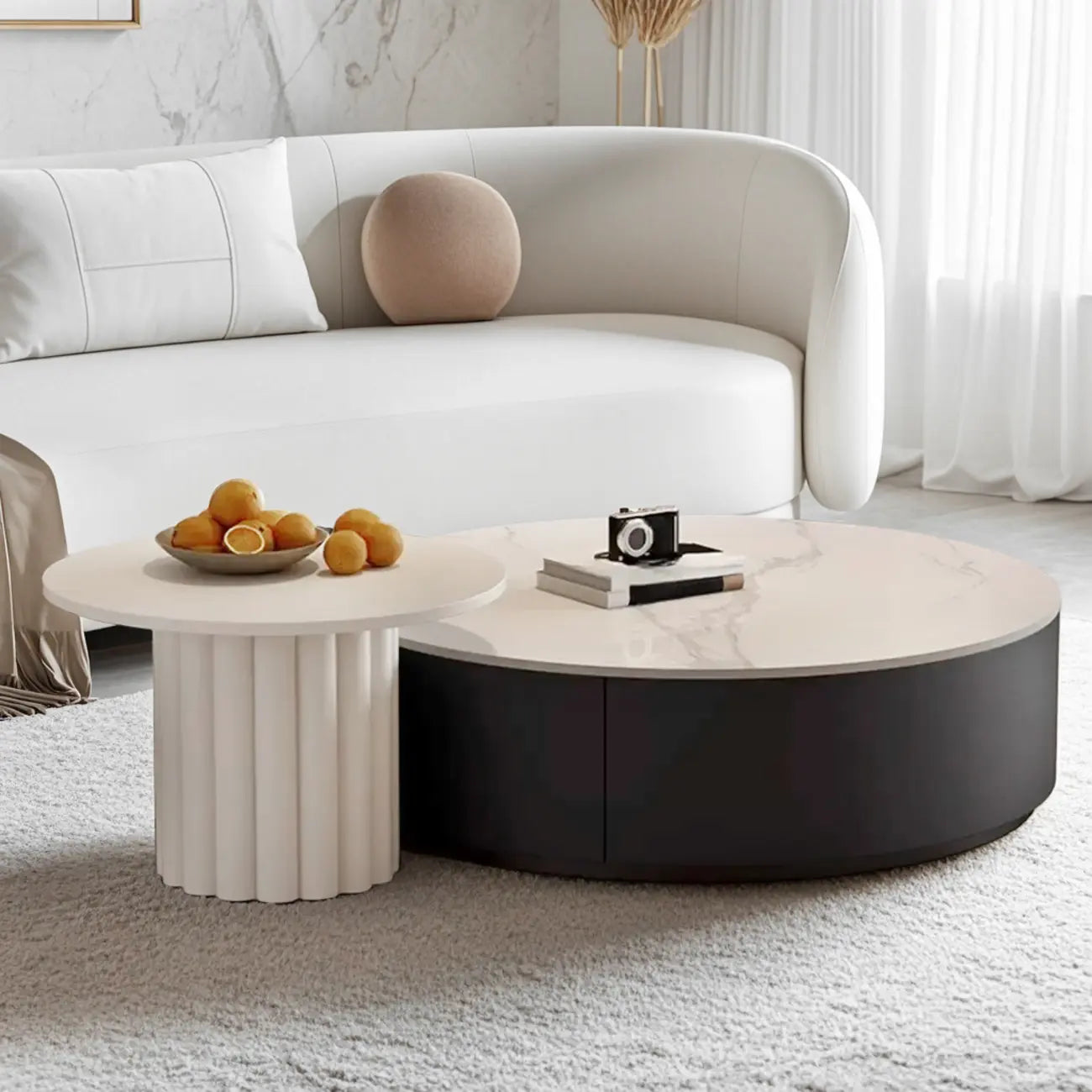 Table basse ronde en bois noir et blanc moderne et élégante avec tiroir