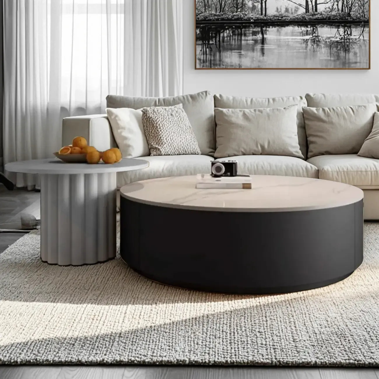Table basse ronde en bois noir et blanc moderne et élégante avec tiroir