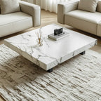 Table basse carrée moderne en pierre frittée beige avec piètement traîneau