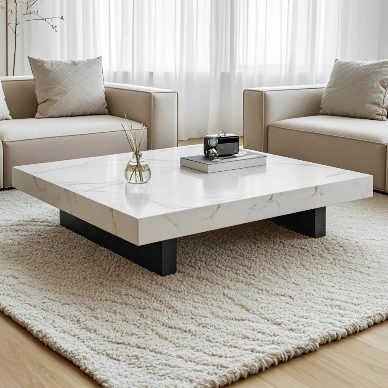 Table basse carrée moderne en pierre frittée beige avec piètement traîneau