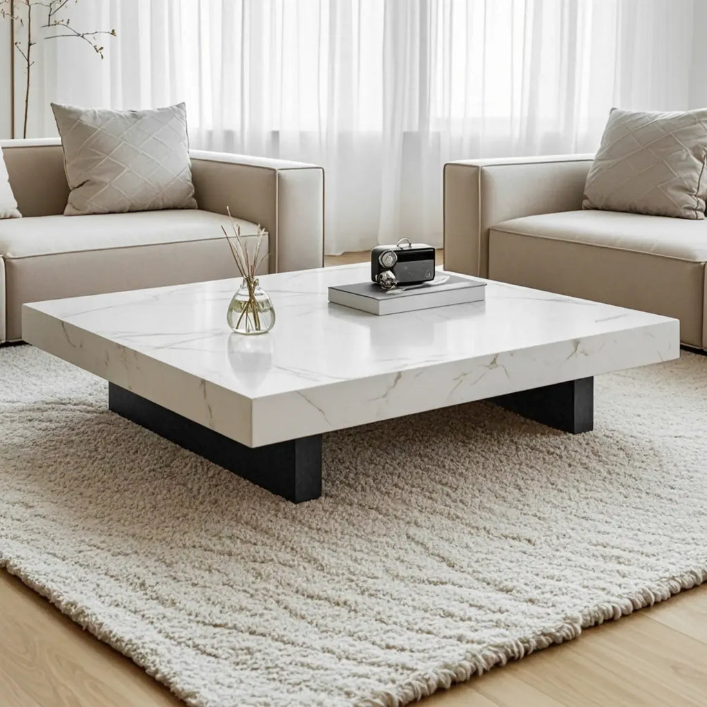 Table basse carrée moderne en pierre frittée beige avec piètement traîneau