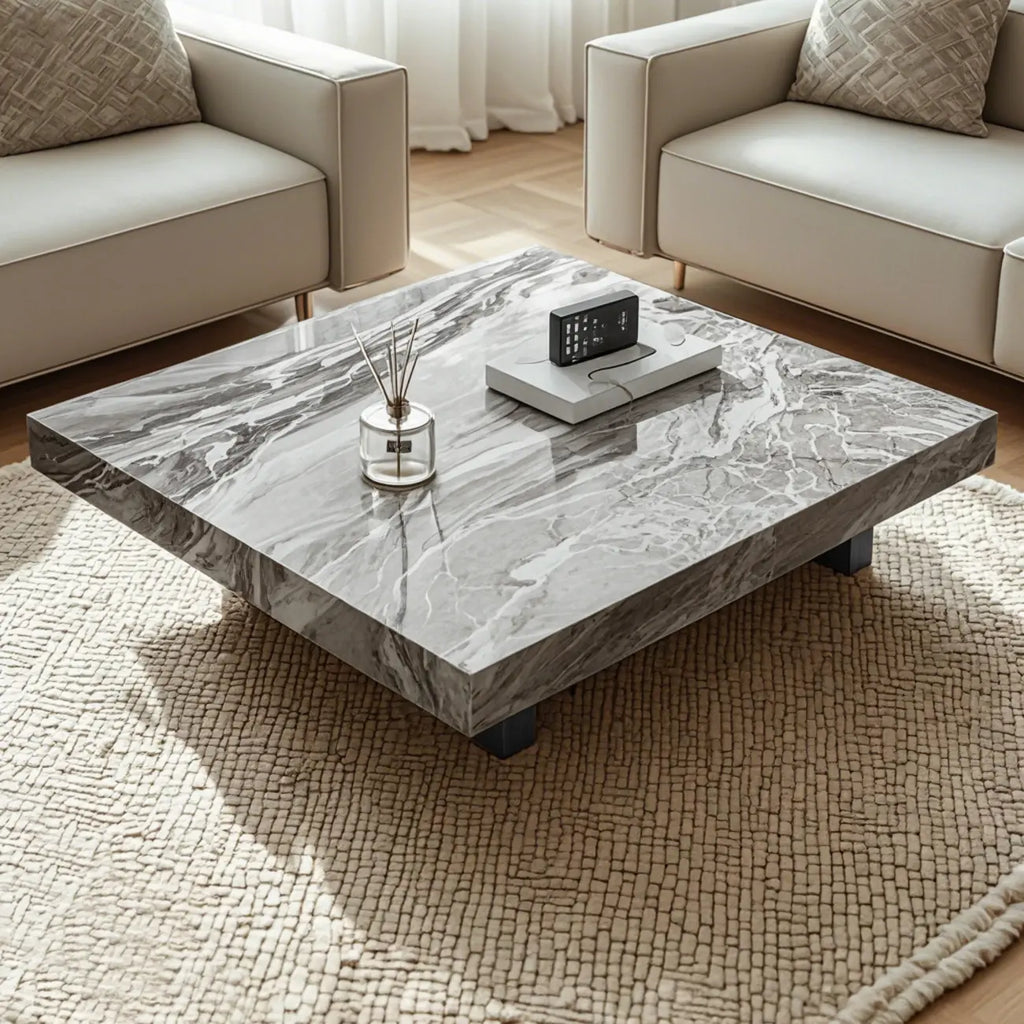 Table basse carrée moderne en pierre frittée beige avec piètement traîneau