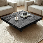 Table basse carrée moderne en pierre frittée beige avec piètement traîneau