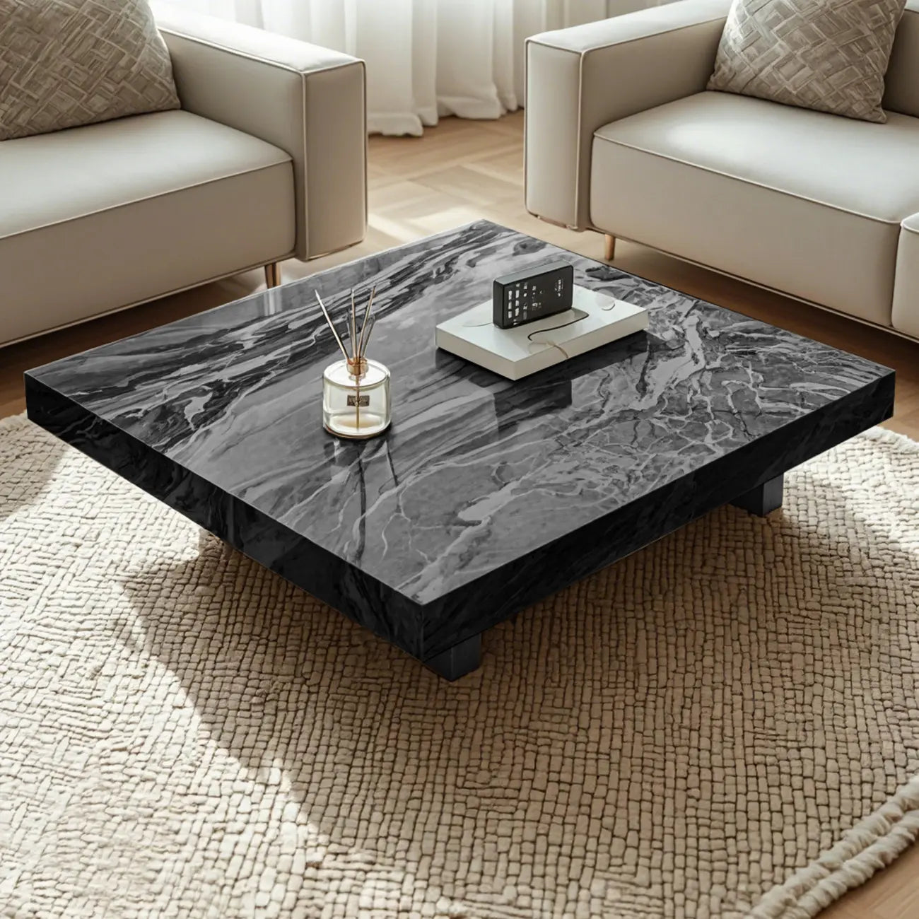 Table basse carrée moderne en pierre frittée beige avec piètement traîneau