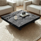 Table basse carrée moderne en pierre frittée beige avec piètement traîneau