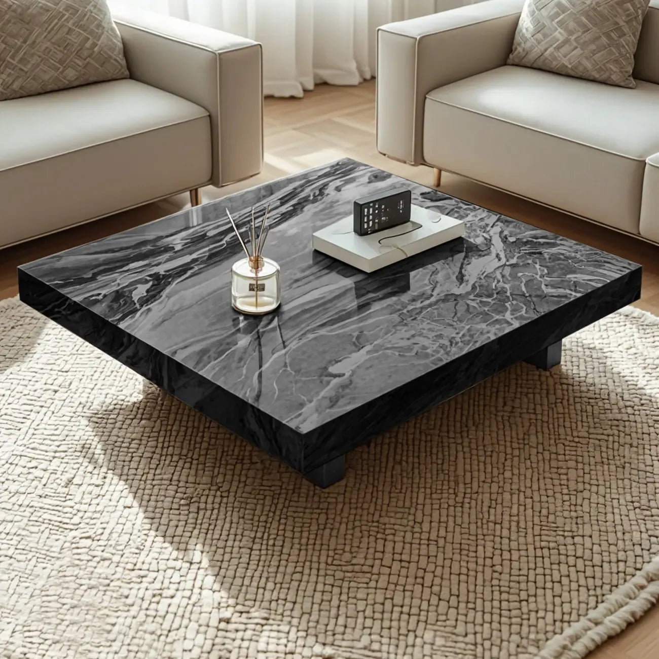 Table basse carrée moderne en pierre frittée beige avec piètement traîneau