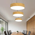 Lustre moderne circulaire en bois avec LED et hauteur réglable