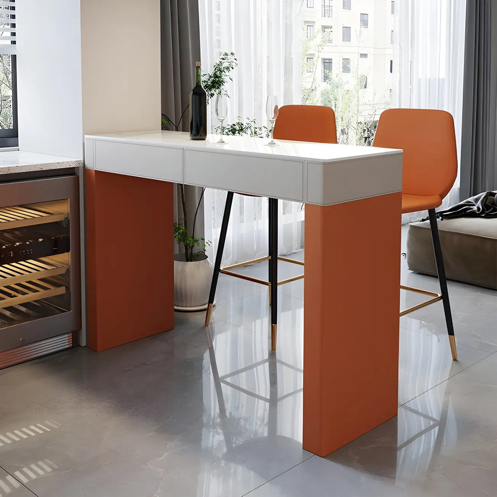 Tables de bar modernes en bois avec plateau en pierre beige et orange et tiroir